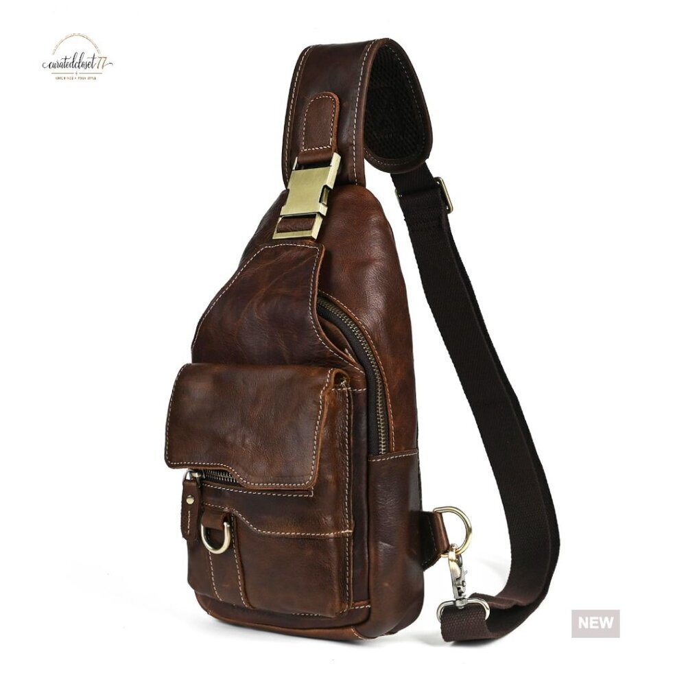 Genuine Leather Hiking Daypack Sling Crossbody Chest Bag Travel